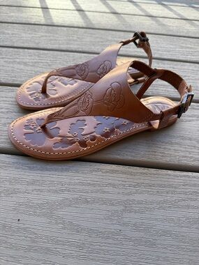 Seychelles Tan Embossed Leather T-Strap Sandals